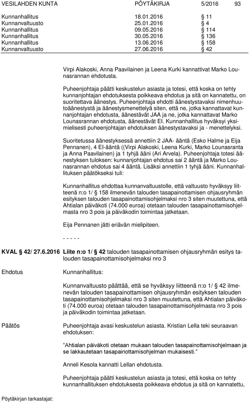 Puheenjohtaja päätti keskustelun asiasta ja totesi, että koska on tehty kunnanjohtajan ehdotuksesta poikkeava ehdotus ja sitä on kannatettu, on suoritettava äänestys.