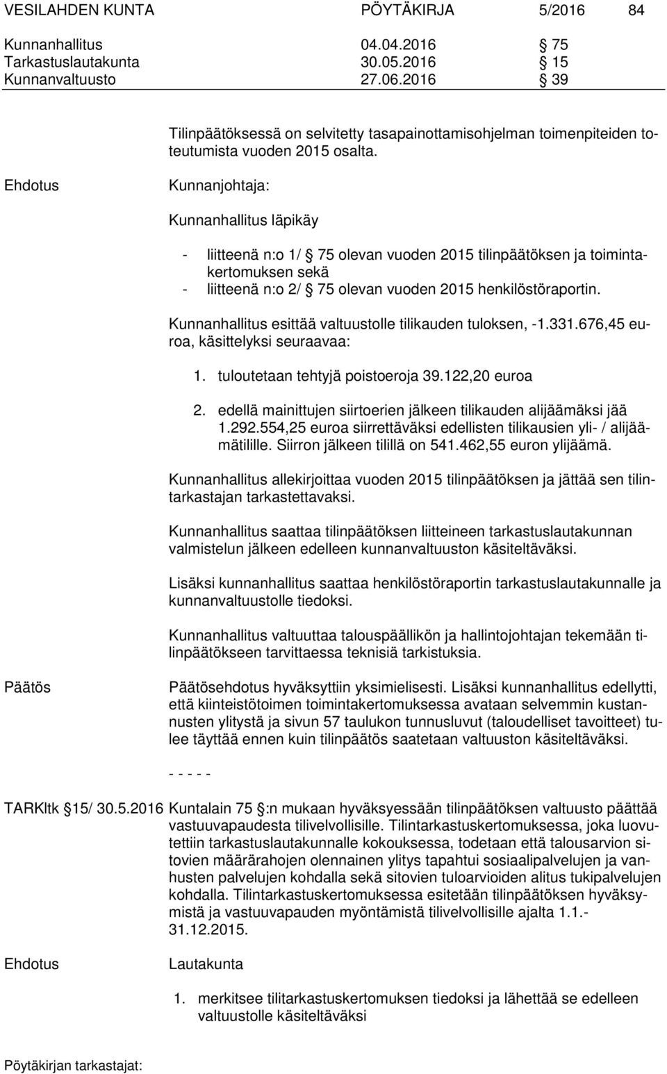 Kunnanjohtaja: Kunnanhallitus läpikäy - liitteenä n:o 1/ 75 olevan vuoden 2015 tilinpäätöksen ja toimintakertomuksen sekä - liitteenä n:o 2/ 75 olevan vuoden 2015 henkilöstöraportin.