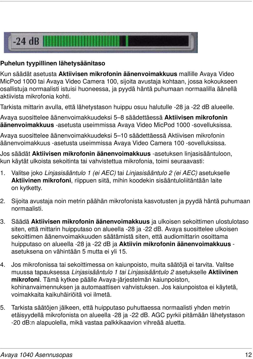Tarkista mittarin avulla, että lähetystason huippu osuu halutulle -28 ja -22 db alueelle.