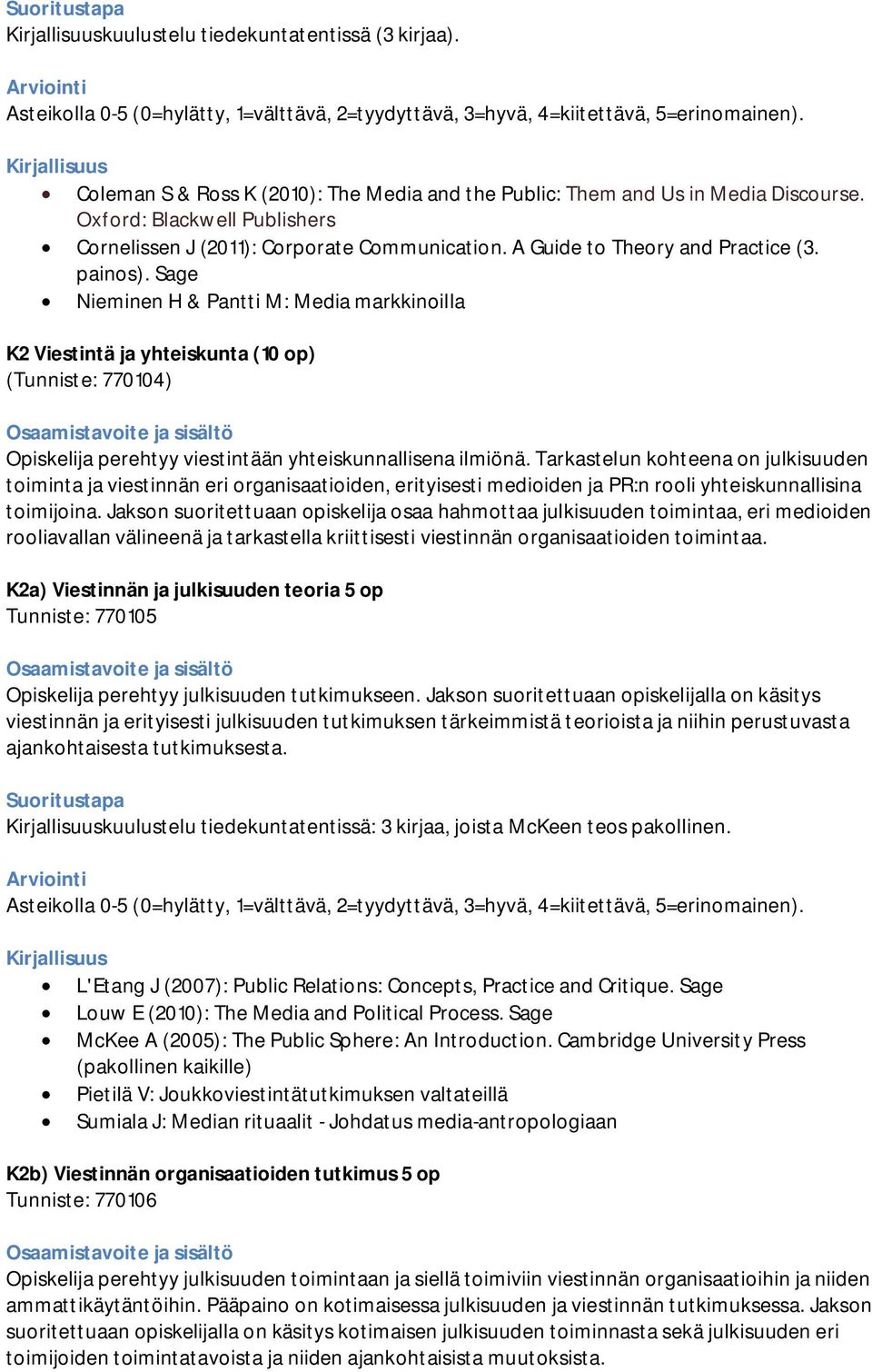 Sage Nieminen H & Pantti M: Media markkinoilla K2 Viestintä ja yhteiskunta (10 op) (Tunniste: 770104) Opiskelija perehtyy viestintään yhteiskunnallisena ilmiönä.