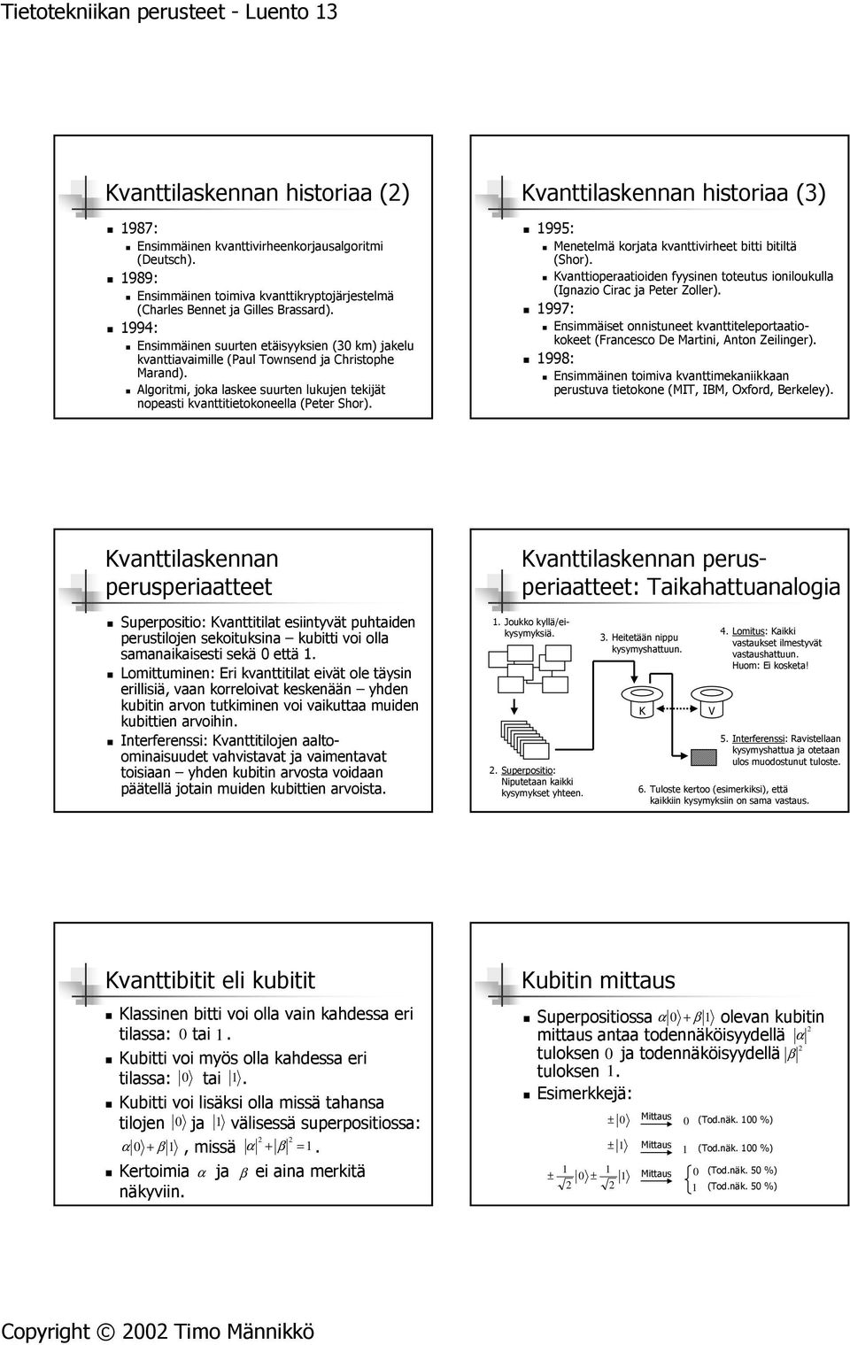 Algoritmi, joka laskee suurten lukujen tekijät nopeasti kvanttitietokoneella (Peter Shor). Kvanttilaskennan historiaa (3) 995: Menetelmä korjata kvanttivirheet bitti bitiltä (Shor).