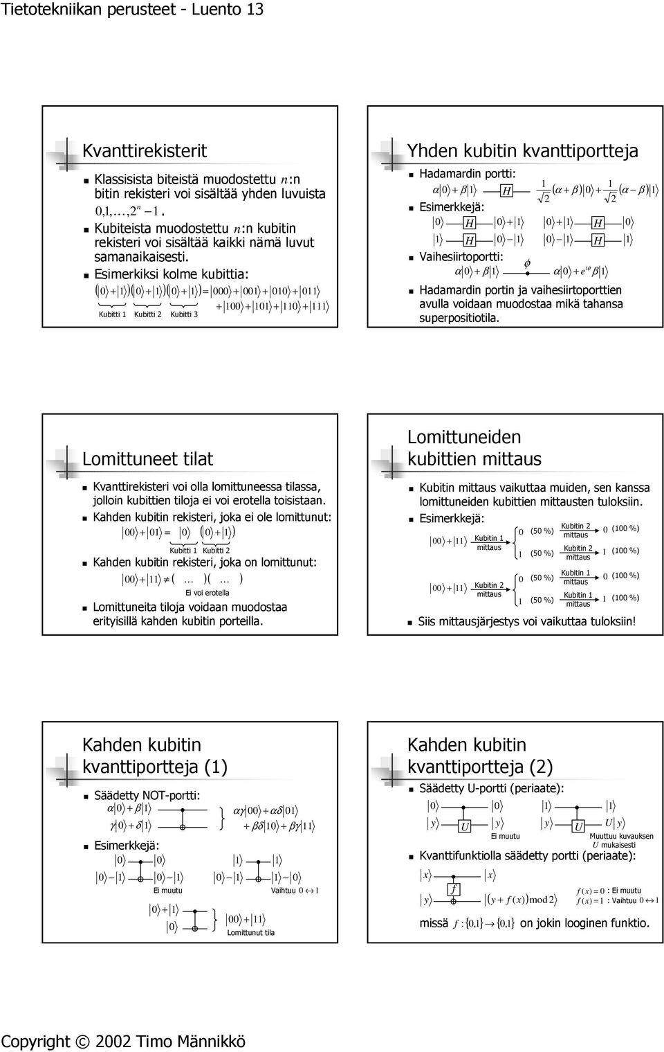 Esimerkiksi kolme kubittia: ( + )( + )( + ) + + + Kubitti Kubitti Kubitti 3 + + + + Yhden kubitin kvanttiportteja adamardin portti: α + β ( α + β ) + ( α β ) + + Vaihesiirtoportti: φ iφ α + β α + e β