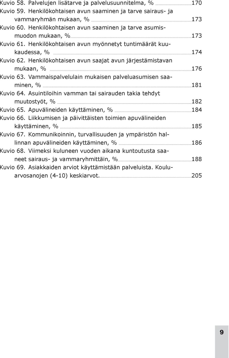 Henkilökohtaisen avun saajat avun järjestämistavan mukaan, % 176 Kuvio 63. Vammaispalvelulain mukaisen palveluasumisen saaminen, % 181 Kuvio 64.