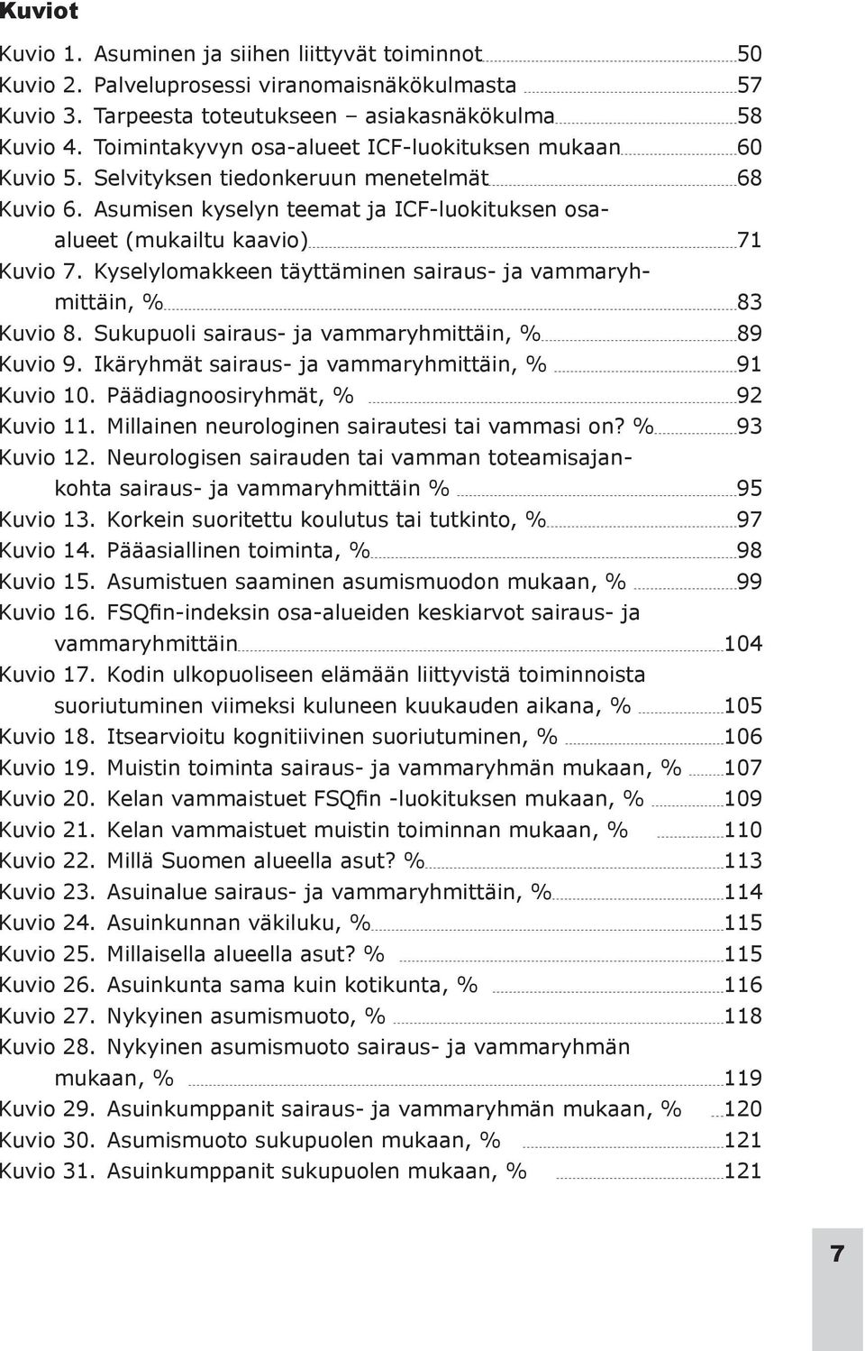 Kyselylomakkeen täyttäminen sairaus- ja vammaryhmittäin, % 83 Kuvio 8. Sukupuoli sairaus- ja vammaryhmittäin, % 89 Kuvio 9. Ikäryhmät sairaus- ja vammaryhmittäin, % 91 Kuvio 10.