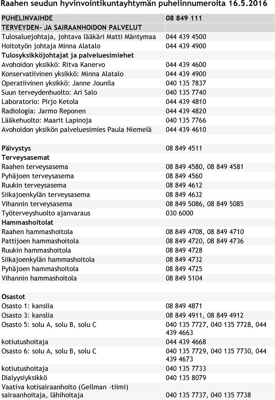 palveluesimiehet Avohoidon yksikkö: Ritva Kanervo 044 439 4600 Konservatiivinen yksikkö: Minna Alatalo 044 439 4900 Operatiivinen yksikkö: Janne Jounila 040 135 7837 Suun terveydenhuolto: Ari Salo