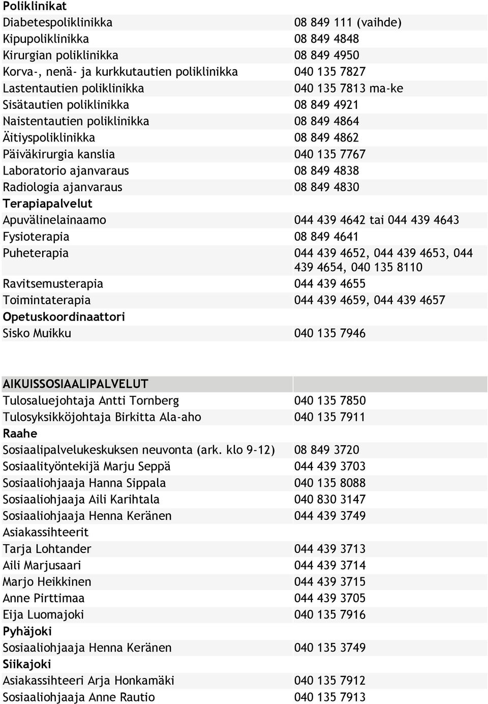 08 849 4838 Radiologia ajanvaraus 08 849 4830 Terapiapalvelut Apuvälinelainaamo 044 439 4642 tai 044 439 4643 Fysioterapia 08 849 4641 Puheterapia 044 439 4652, 044 439 4653, 044 439 4654, 040 135