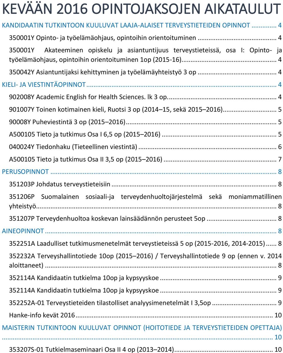 .. 4 350042Y Asiantuntijaksi kehittyminen ja työelämäyhteistyö 3 op... 4 KIELI- JA VIESTINTÄOPINNOT... 4 902008Y Academic English for Health Sciences. lk 3 op.