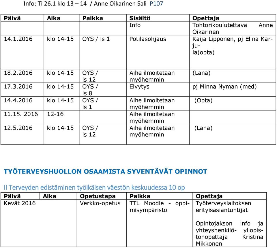 5.2016 klo 14-15 OYS / Aihe ilmoitetaan ls 12 myöhemmin (Lana) pj Minna Nyman (med) (Opta) (Lana) TYÖTERVEYSHUOLLON OSAAMISTA SYVENTÄVÄT OPINNOT II Terveyden edistäminen työikäisen väestön