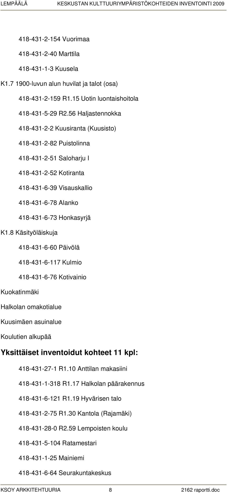 8 Käsityöläiskuja 418-431-6-60 Päivölä 418-431-6-117 Kulmio 418-431-6-76 Kotivainio Kuokatinmäki Halkolan omakotialue Kuusimäen asuinalue Koulutien alkupää Yksittäiset inventoidut kohteet 11 kpl: