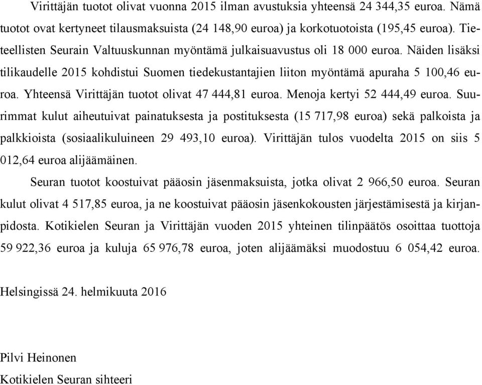 Yhteensä Virittäjän tuotot olivat 47 444,81 euroa. Menoja kertyi 52 444,49 euroa.