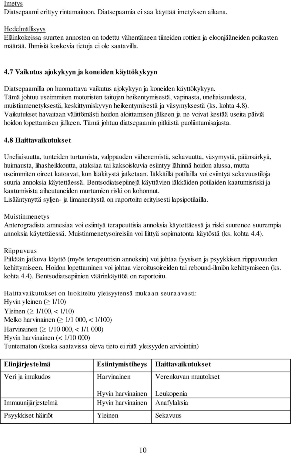 7 Vaikutus ajokykyyn ja koneiden käyttökykyyn Diatsepaamilla on huomattava vaikutus ajokykyyn ja koneiden käyttökykyyn.