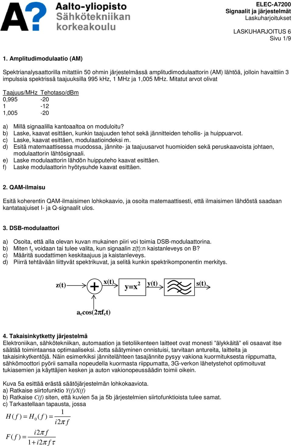 Mtatut arvot olvat Taajuus/MHz Tehotaso/dBm 0,995-20 -2,005-20 a) Mllä sgnaallla kantoaaltoa on modulotu? b) Laske, kaavat esttäen, kunkn taajuuden tehot sekä jänntteden teholls- ja huppuarvot.