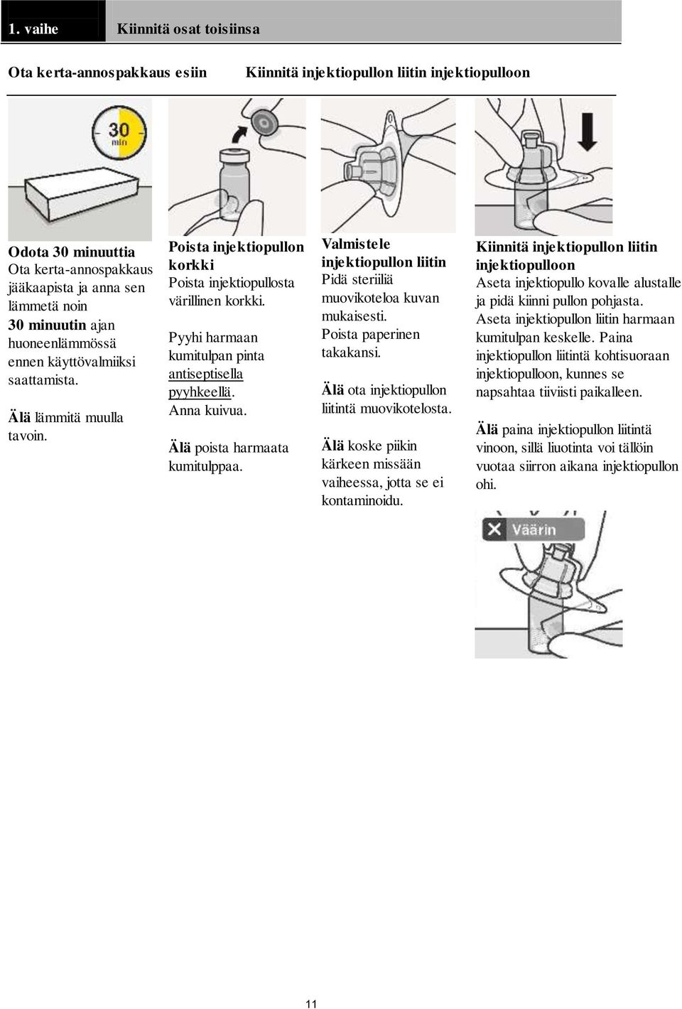 Pyyhi harmaan kumitulpan pinta antiseptisella pyyhkeellä. Anna kuivua. Älä poista harmaata kumitulppaa. Valmistele injektiopullon liitin Pidä steriiliä muovikoteloa kuvan mukaisesti.