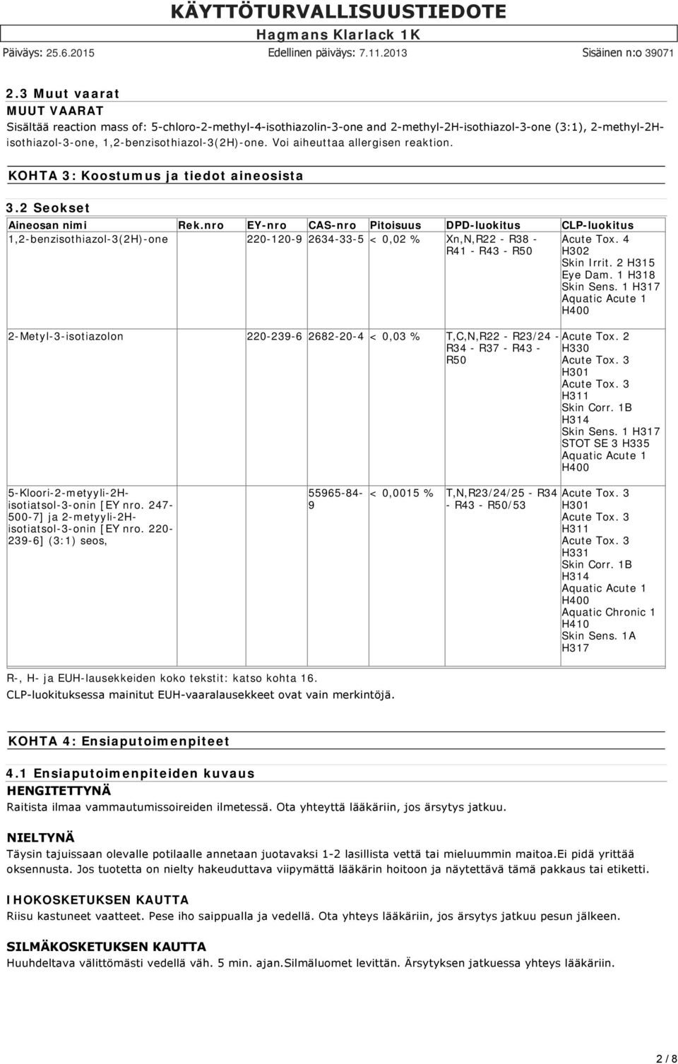 nro EY-nro CAS-nro Pitoisuus DPD-luokitus CLP-luokitus 1,2-benzisothiazol-3(2H)-one 220-120-9 2634-33-5 < 0,02 % Xn,N,R22 - R38 - R41 - R43 - R50 Acute Tox. 4 H302 Skin Irrit. 2 H315 Eye Dam.
