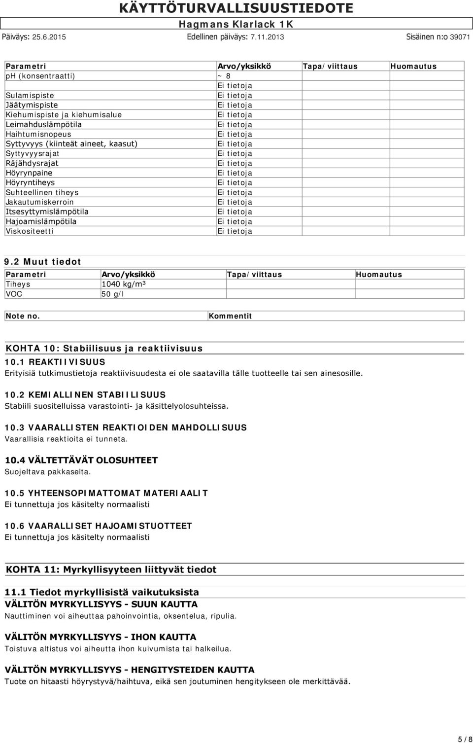 2 Muut tiedot Parametri Arvo/yksikkö Tapa/viittaus Huomautus Tiheys 1040 kg/m³ VOC 50 g/l Note no. Kommentit KOHTA 10: Stabiilisuus ja reaktiivisuus 10.