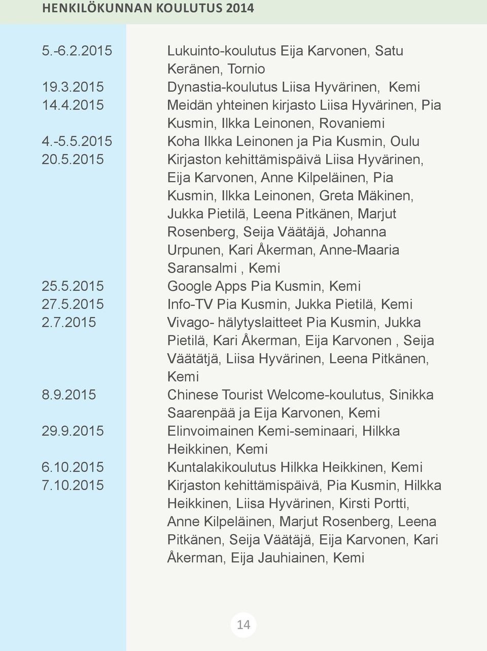 Pitkänen, Marjut Rosenberg, Seija Väätäjä, Johanna Urpunen, Kari Åkerman, Anne-Maaria Saransalmi, Kemi 25.5.2015 Google Apps Pia Kusmin, Kemi 27.