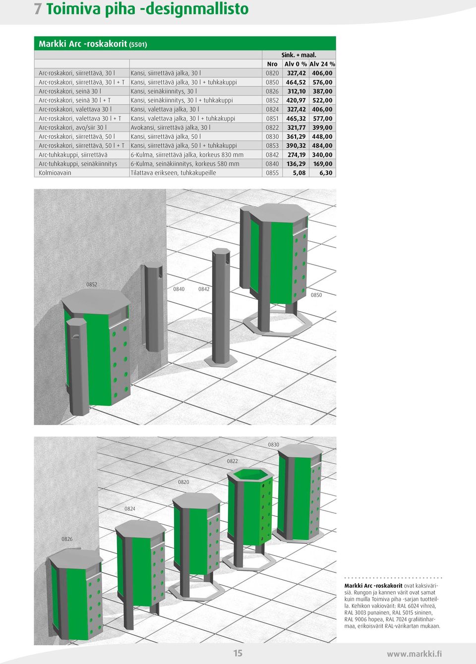 seinä 30 l Kansi, seinäkiinnitys, 30 l 0826 312,10 387,00 Arc-roskakori, seinä 30 l + T Kansi, seinäkiinnitys, 30 l + tuhkakuppi 0852 420,97 522,00 Arc-roskakori, valettava 30 l Kansi, valettava