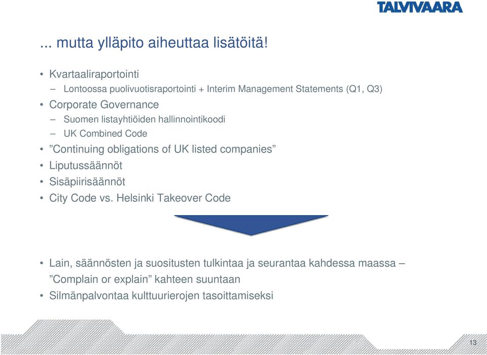 Suomen listayhtiöiden hallinnointikoodi UK Combined Code Continuing obligations of UK listed companies Liputussäännöt