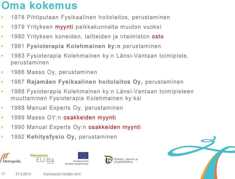 perustaminen 1987 Rajamäen Fysikaalinen hoitolaitos Oy, perustaminen 1988 Fysioterapia Kolehmainen ky:n Länsi-Vantaan toimipisteen muuttaminen Fysioterapia