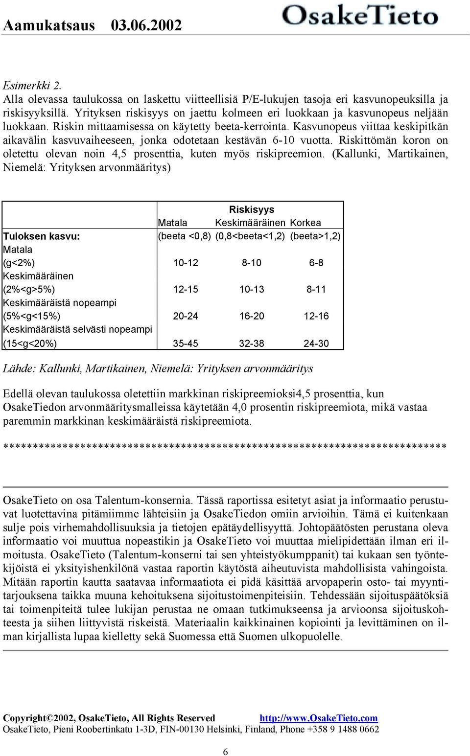 Riskittömä koro o oletettu oleva oi 4,5 prosettia, kute myös riskipreemio.