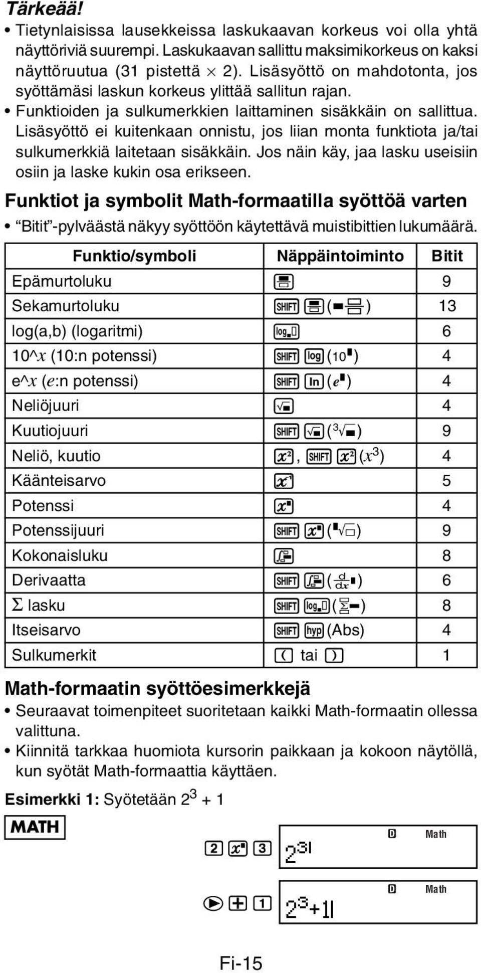 Lisäsyöttö ei kuitenkaan onnistu, jos liian monta funktiota ja/tai sulkumerkkiä laitetaan sisäkkäin. Jos näin käy, jaa lasku useisiin osiin ja laske kukin osa erikseen.