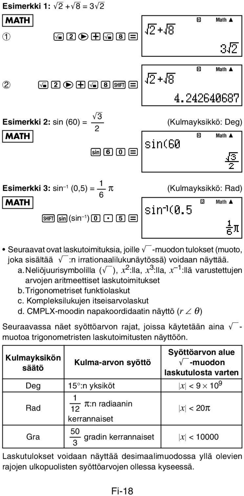 neliöjuurisymbolilla ('), x 2 :lla, x 3 :lla, x 1 :llä varustettujen arvojen aritmeettiset laskutoimitukset b.trigonometriset funktiolaskut c. Kompleksilukujen itseisarvolaskut d.