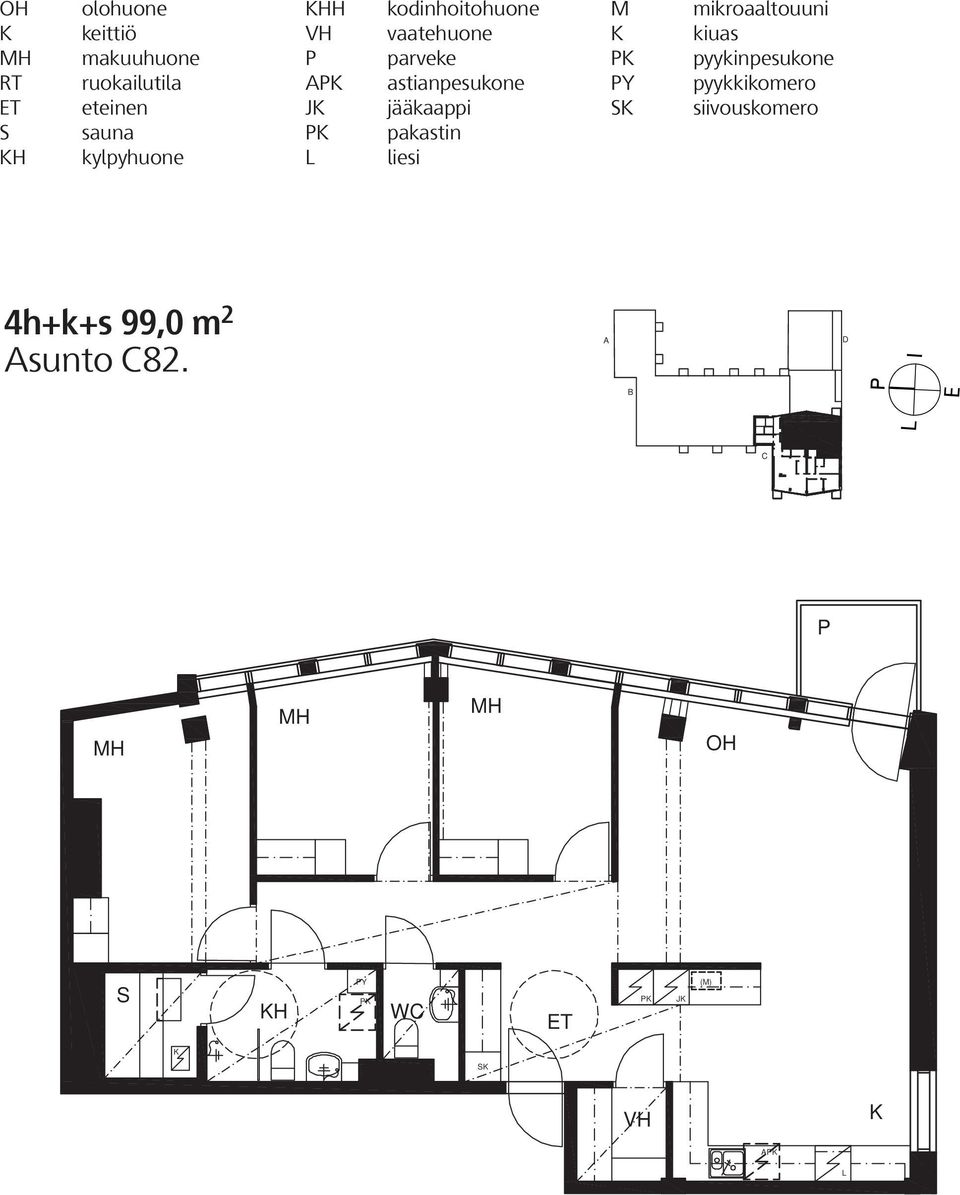 mikroaaltouuni kiuas P pyykinpesukone PY pyykkikomero S siivouskomero 4h+k+s 99,0 m 2