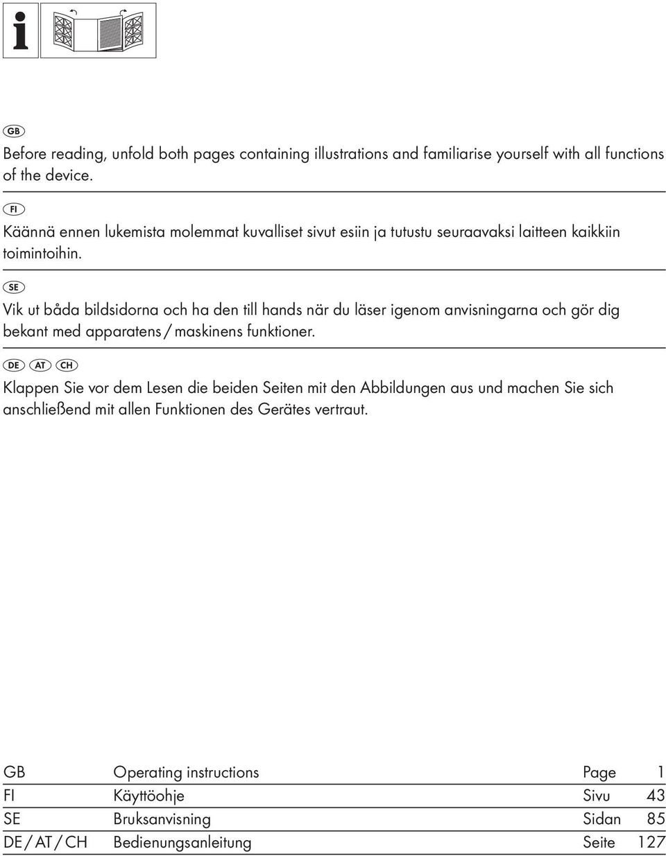 Vik ut båda bildsidorna och ha den till hands när du läser igenom anvisningarna och gör dig bekant med apparatens / maskinens funktioner.