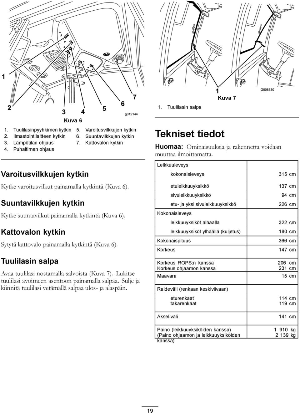 Suuntavilkkujen kytkin Kytke suuntavilkut painamalla kytkintä (Kuva 6). Kattovalon kytkin Sytytä kattovalo painamalla kytkintä (Kuva 6). Tuulilasin salpa Avaa tuulilasi nostamalla salvoista (Kuva 7).