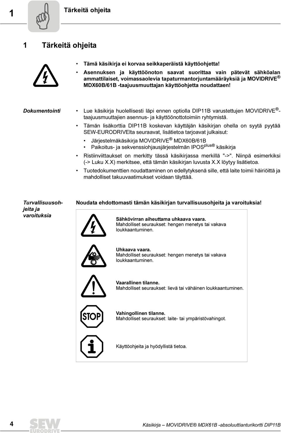 Dokumentointi Lue käsikirja huolellisesti läpi ennen optiolla DIP11B varustettujen MOVIDRIVE - taajuusmuuttajien asennus- ja käyttöönottotoimiin ryhtymistä.