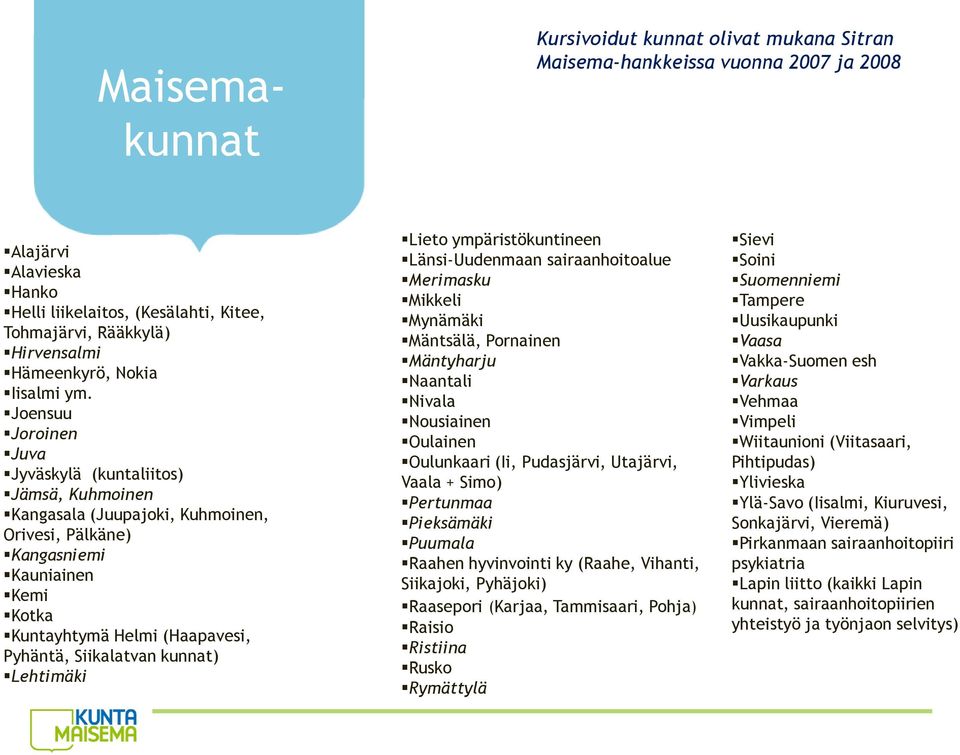 Joensuu Joroinen Juva Jyväskylä (kuntaliitos) Jämsä, Kuhmoinen Kangasala (Juupajoki, Kuhmoinen, Orivesi, Pälkäne) Kangasniemi Kauniainen Kemi Kotka Kuntayhtymä Helmi (Haapavesi, Pyhäntä, Siikalatvan