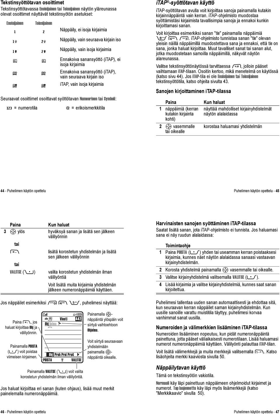 o itap, vain isoja kirjaimia Seuraavat osoittimet osoittavat syöttötavan Numeerinen Symboli: W = numerotila [ = erikoismerkkitila itap -syöttötavan käyttö itap-syöttötavan avulla voit kirjoittaa