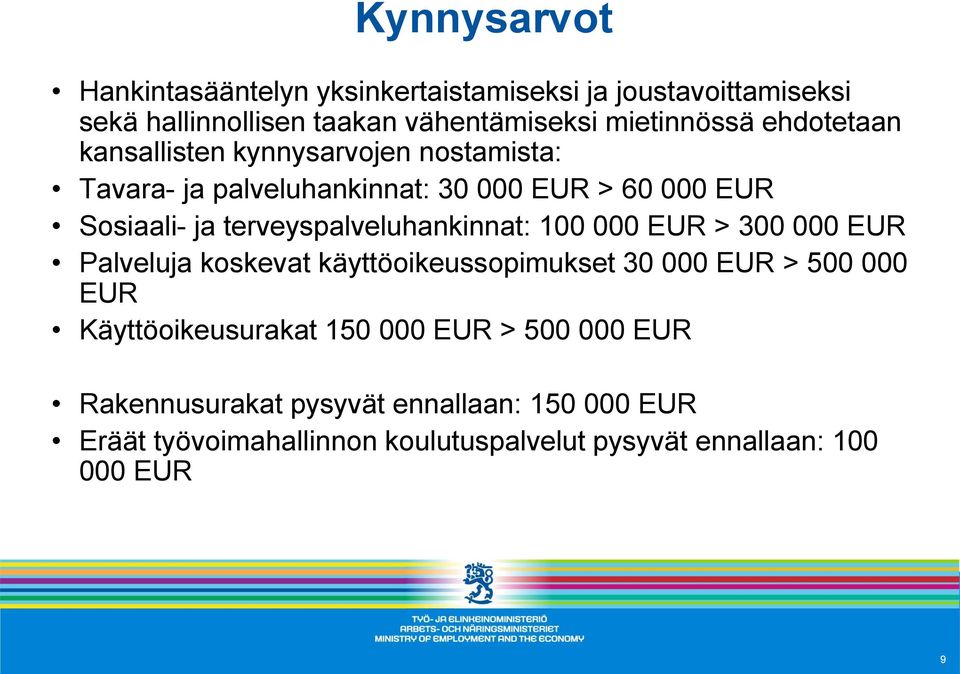 terveyspalveluhankinnat: 100 000 EUR > 300 000 EUR Palveluja koskevat käyttöoikeussopimukset 30 000 EUR > 500 000 EUR