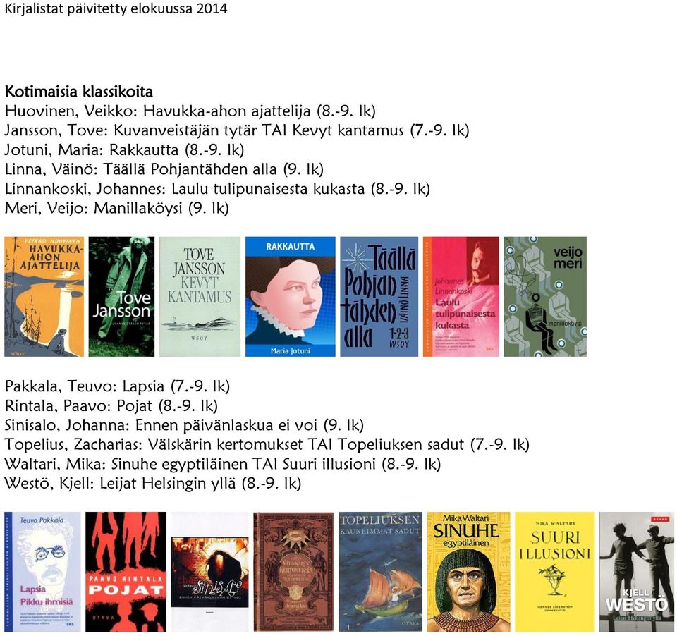 lk) Pakkala, Teuvo: Lapsia (7.-9. lk) Rintala, Paavo: Pojat (8.-9. lk) Sinisalo, Johanna: Ennen päivänlaskua ei voi (9.