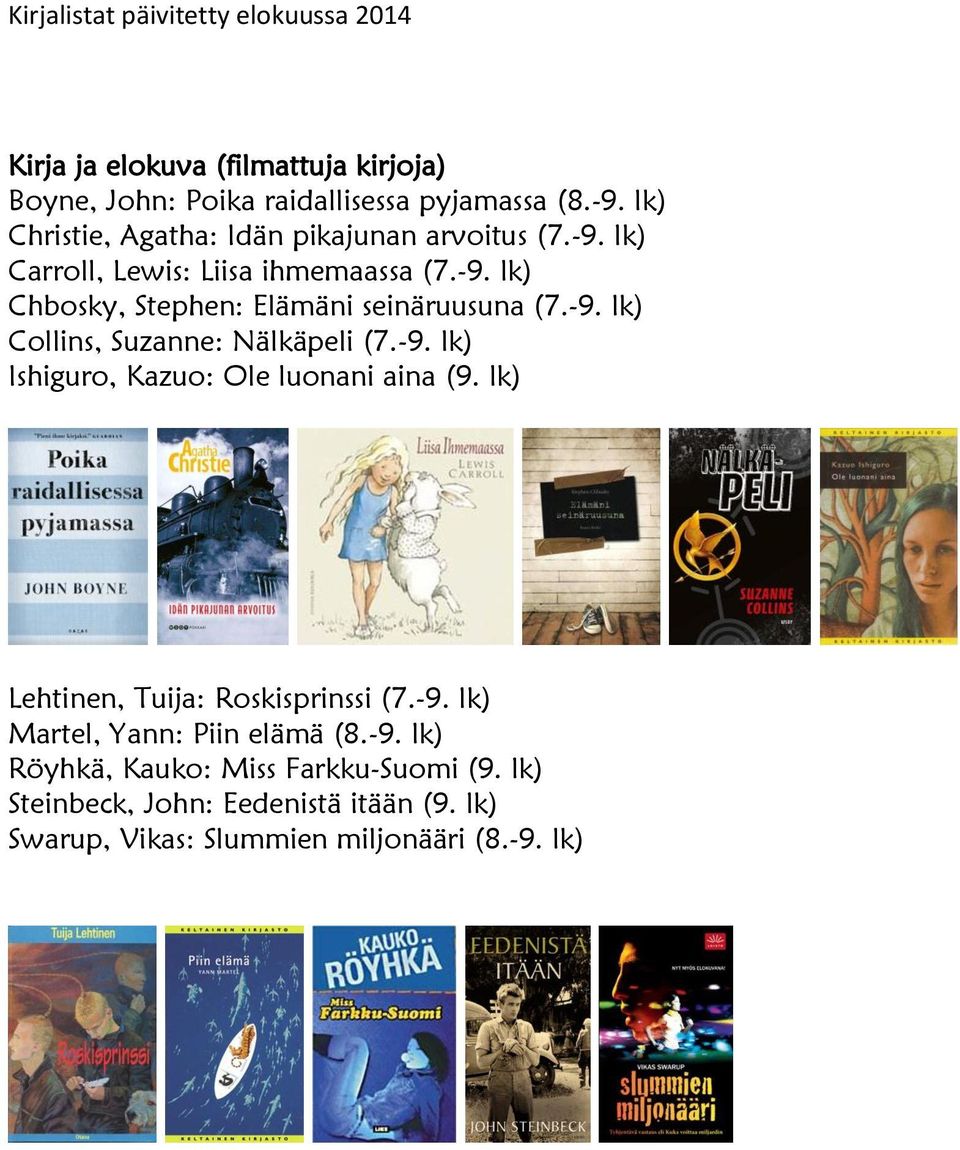 -9. lk) Collins, Suzanne: Nälkäpeli (7.-9. lk) Ishiguro, Kazuo: Ole luonani aina (9. lk) Lehtinen, Tuija: Roskisprinssi (7.-9. lk) Martel, Yann: Piin elämä (8.