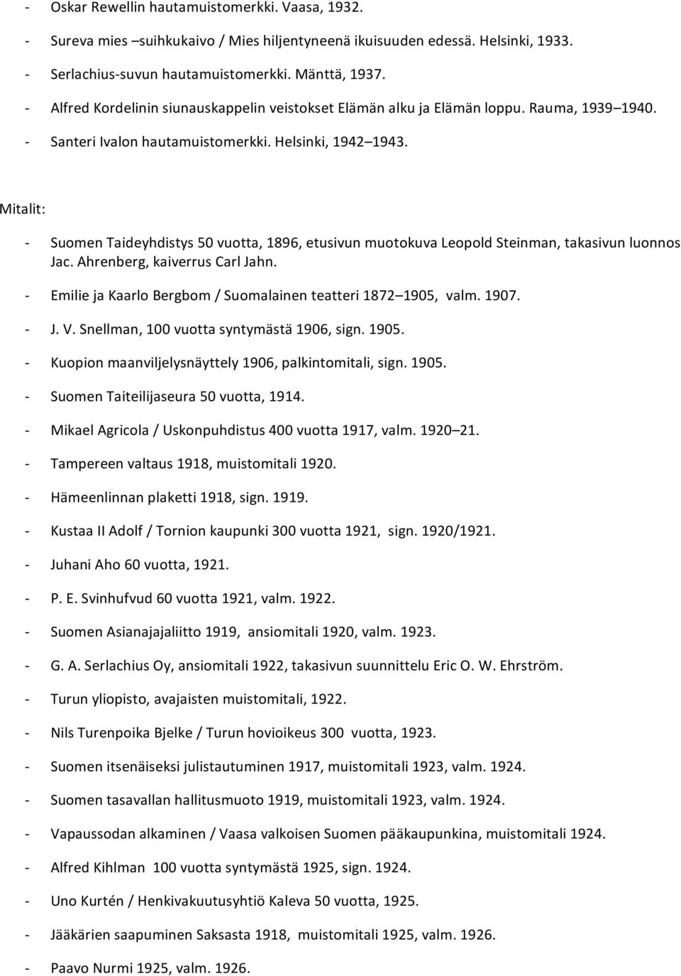 Mitalit: SuomenTaideyhdistys50vuotta,1896,etusivunmuotokuvaLeopoldSteinman,takasivunluonnos Jac.Ahrenberg,kaiverrusCarlJahn. EmiliejaKaarloBergbom/Suomalainenteatteri1872 1905,valm.1907. J.V.