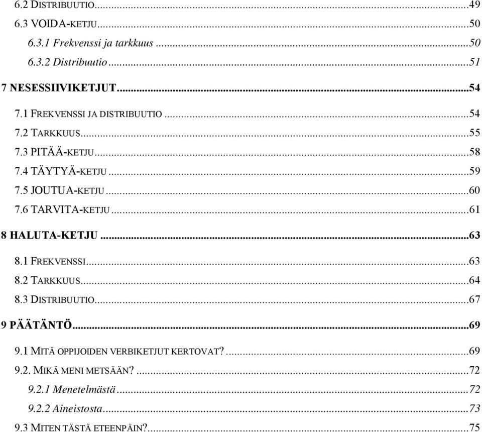 6 TARVITA-KETJU...61 8 HALUTA-KETJU...63 8.1 FREKVENSSI...63 8.2 TARKKUUS...64 8.3 DISTRIBUUTIO...67 9 PÄÄTÄNTÖ...69 9.