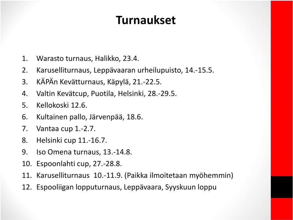 Kultainen pallo, Järvenpää, 18.6. 7. Vantaa cup 1.-2.7. 8. Helsinki cup 11.-16.7. 9. Iso Omena turnaus, 13.-14.8. 10.