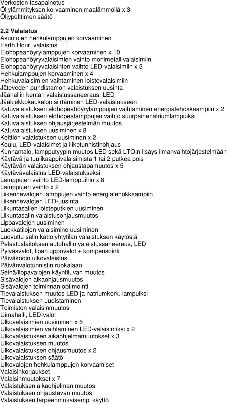 LED-valaisimiin x 3 Hehkulamppujen korvaaminen x 4 Hehkuvalaisimien vaihtaminen loistevalaisimiin Jäteveden puhdistamon valaistuksen uusinta Jäähallin kentän valaistussaneeraus, LED Jääkiekkokaukalon