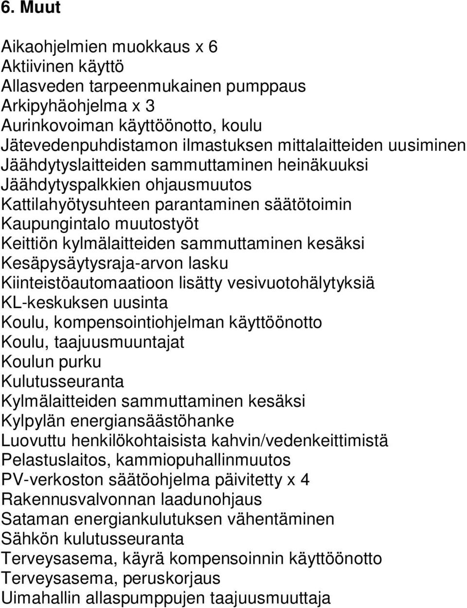 kesäksi Kesäpysäytysraja-arvon lasku Kiinteistöautomaatioon lisätty vesivuotohälytyksiä KL-keskuksen uusinta Koulu, kompensointiohjelman käyttöönotto Koulu, taajuusmuuntajat Koulun purku