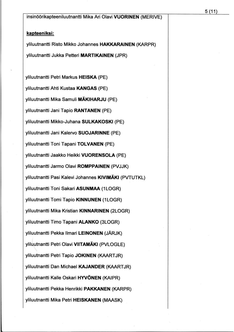 Jani Kalervo SUOJARINNE (PE) yliluutnantti Toni Tapani TOLVANEN (PE) yliluutnantti Jaakko Heikki VUORENSOLA (PE) yliluutnantti Jarmo Olavi ROMPPAINEN (PVJJK) yliluutnantti Pasi Kalevi Johannes