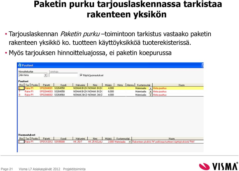 rakenteen yksikkö ko. tuotteen käyttöyksikköä tuoterekisterissä.