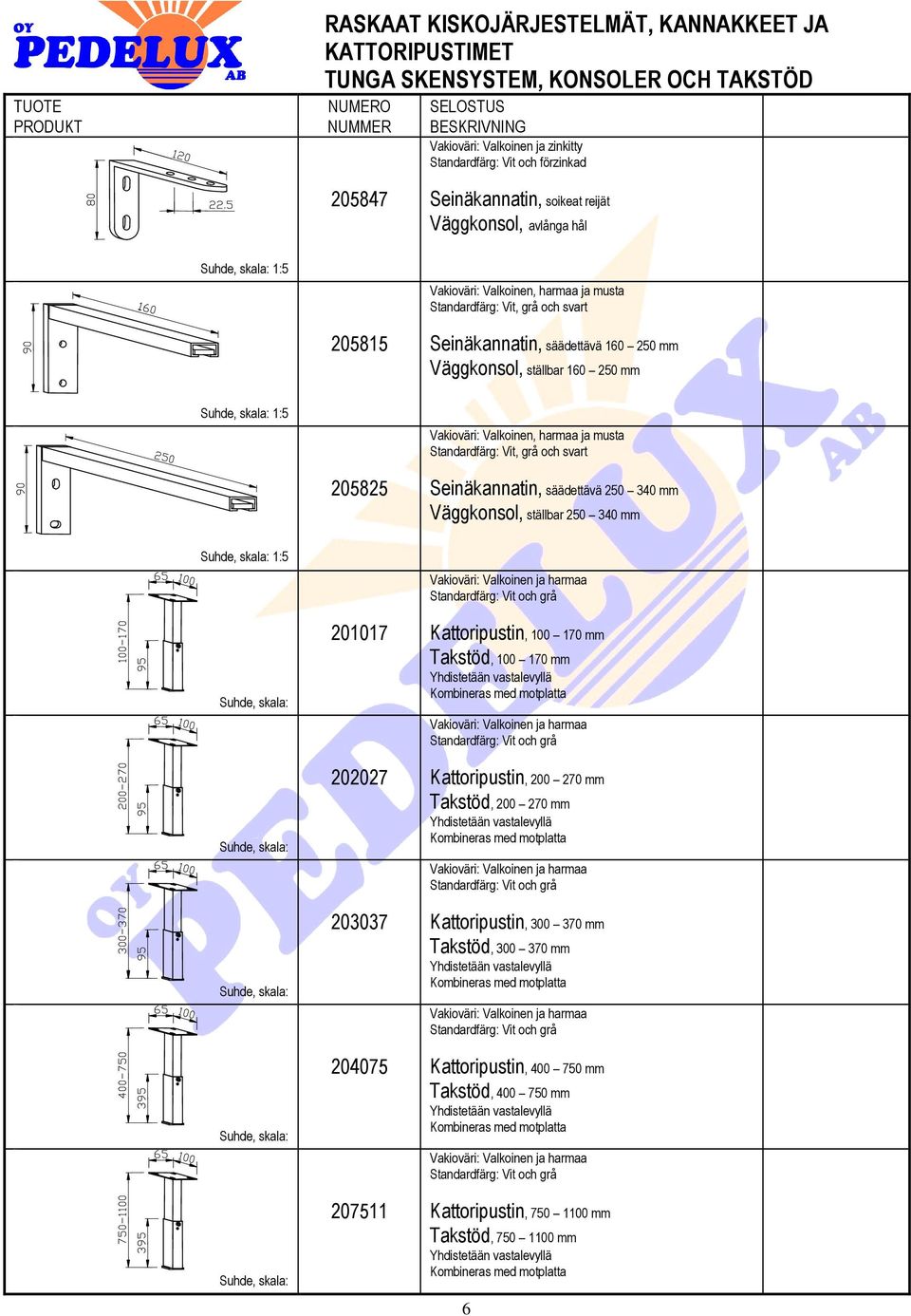 250 340 mm, ställbar 250 340 mm 201017 202027 203037 204075 207511 Kattoripustin, 100 170 mm Takstöd, 100 170 mm Kattoripustin, 200 270 mm Takstöd,