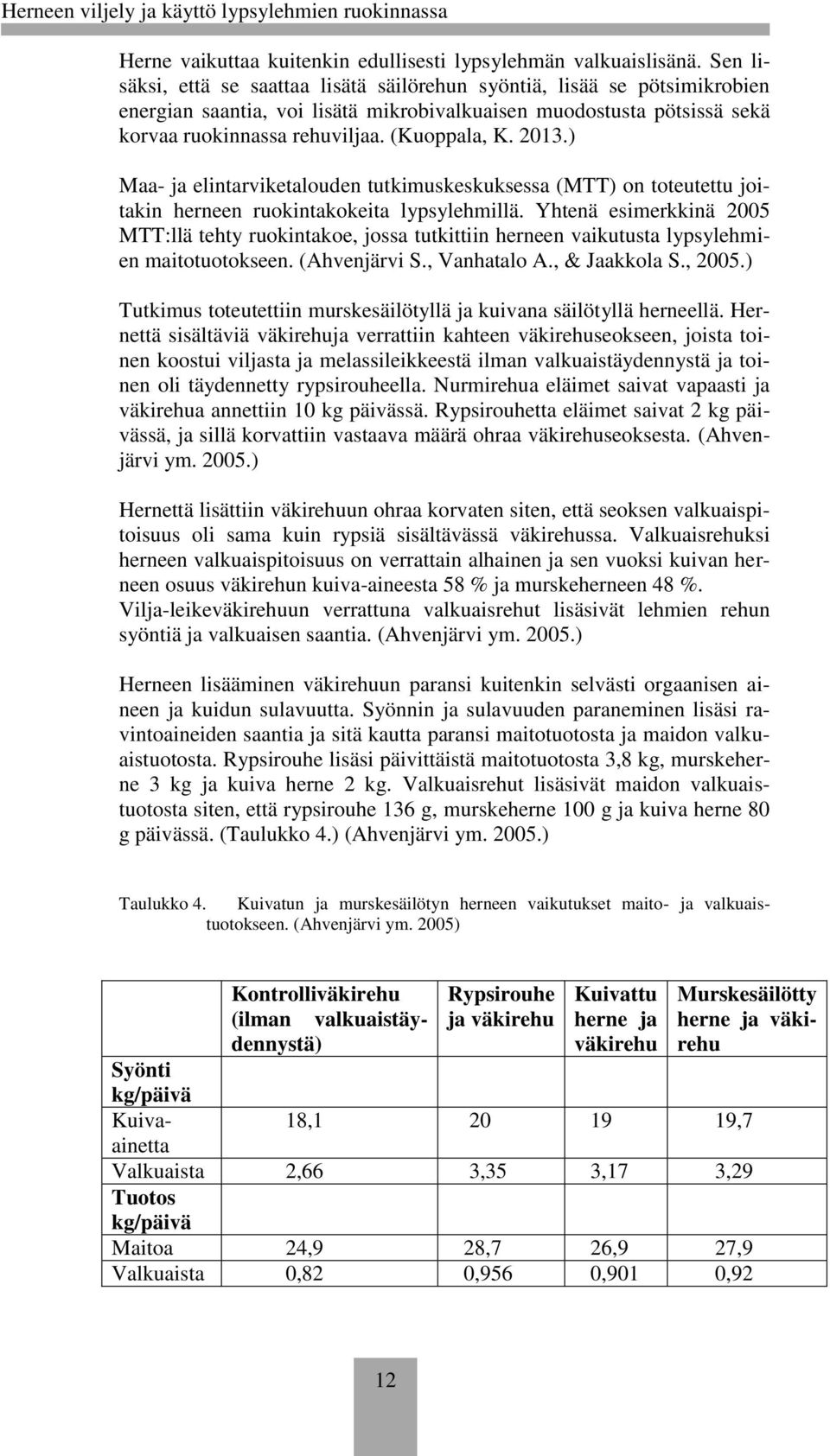 2013.) Maa- ja elintarviketalouden tutkimuskeskuksessa (MTT) on toteutettu joitakin herneen ruokintakokeita lypsylehmillä.