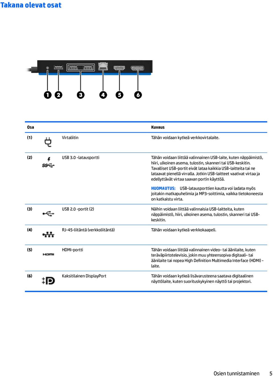 Tavalliset USB-portit eivät lataa kaikkia USB-laitteita tai ne lataavat pienellä virralla. Jotkin USB-laitteet vaativat virtaa ja edellyttävät virtaa saavan portin käyttöä.