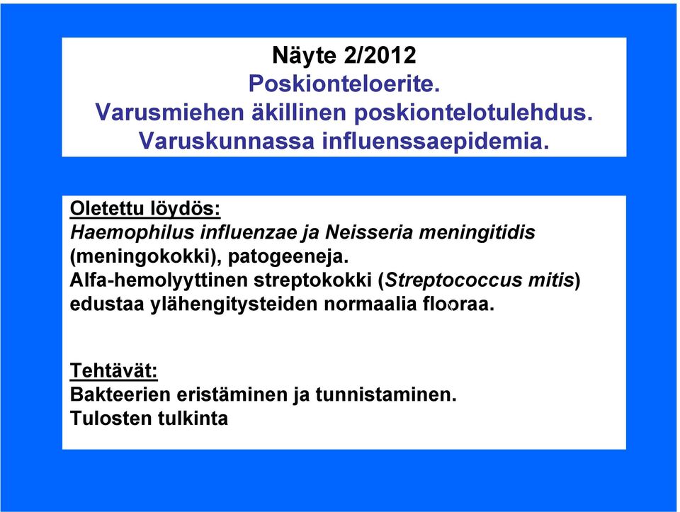 Oletettu löydös: Haemophilus influenzae ja Neisseria meningitidis (meningokokki),