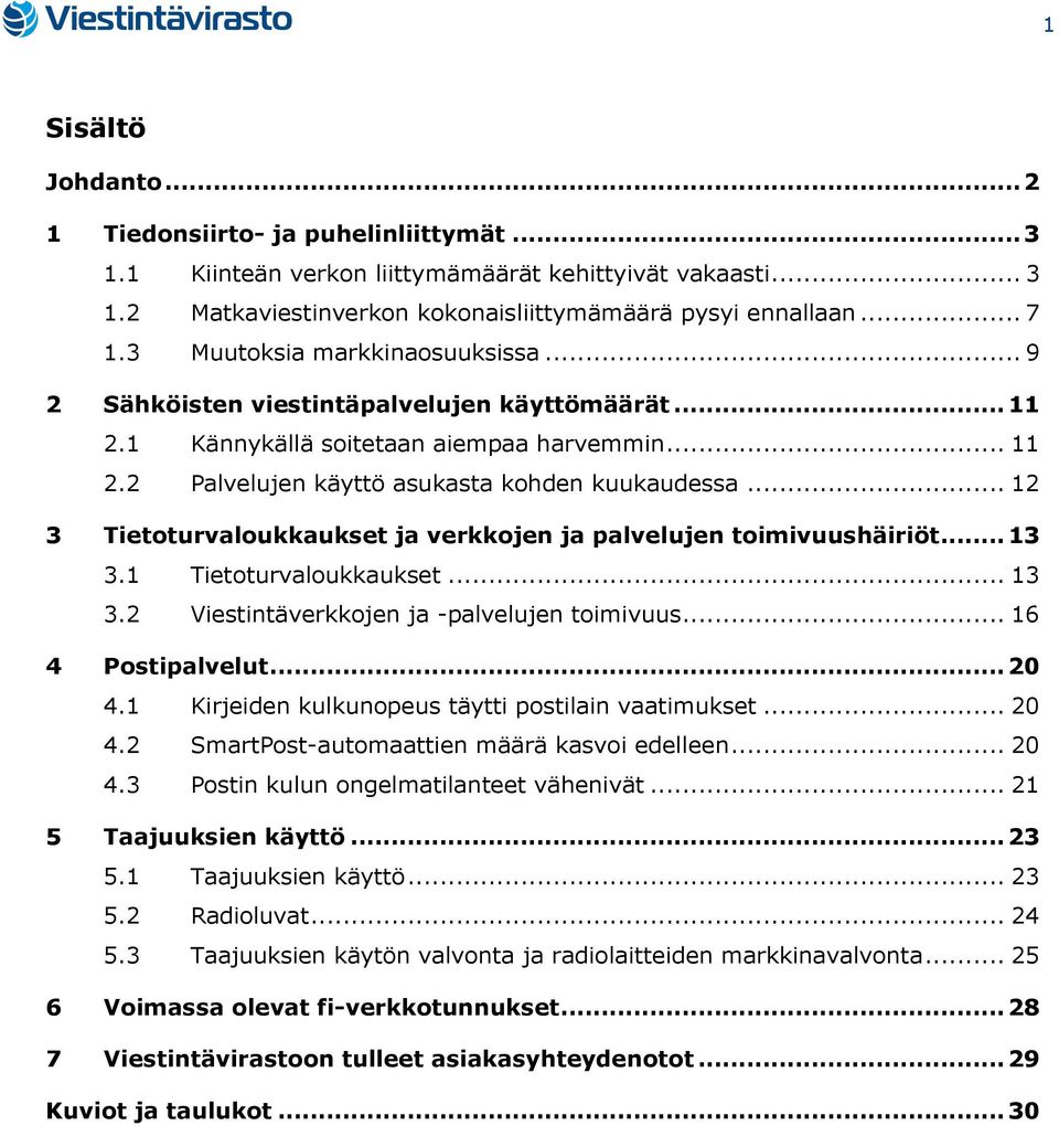 .. 12 3 Tietoturvaloukkaukset ja verkkojen ja palvelujen toimivuushäiriöt... 13 3.1 Tietoturvaloukkaukset... 13 3.2 Viestintäverkkojen ja -palvelujen toimivuus... 16 4 Postipalvelut... 20 4.