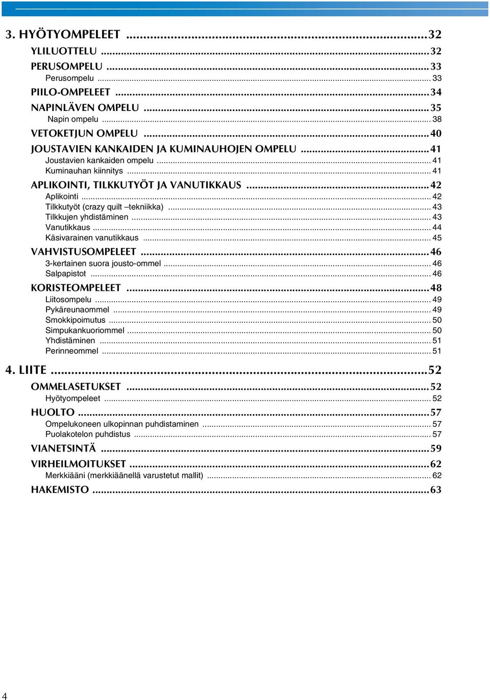 .. 44 Käsivrinen vnutikkus... 45 VAHVISTUSOMPELEET...46 3-kertinen suor jousto-ommel... 46 Slppistot... 46 KORISTEOMPELEET...48 Liitosompelu... 49 Pykäreunommel... 49 Smokkipoimutus.