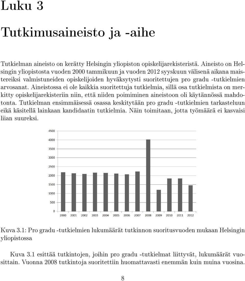 Aineistossa ei ole kaikkia suoritettuja tutkielmia, sillä osa tutkielmista on merkitty opiskelijarekisteriin niin, että niiden poimiminen aineistoon oli käytännössä mahdotonta.