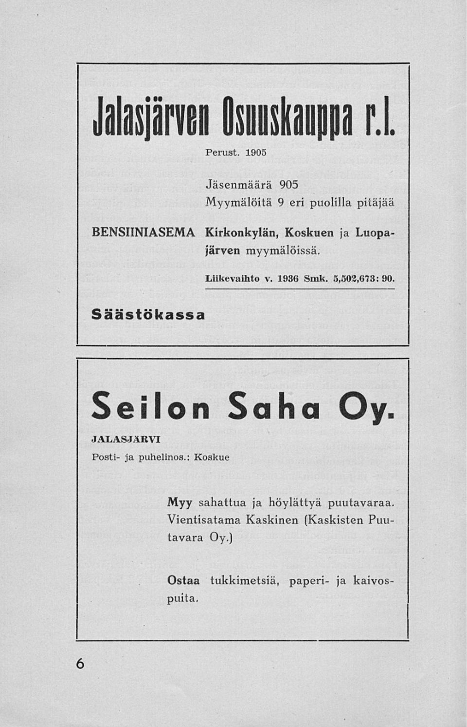 Luopajärven myymälöissä. Liikevaihto v. 1936 Smk. 5,503,673:90.